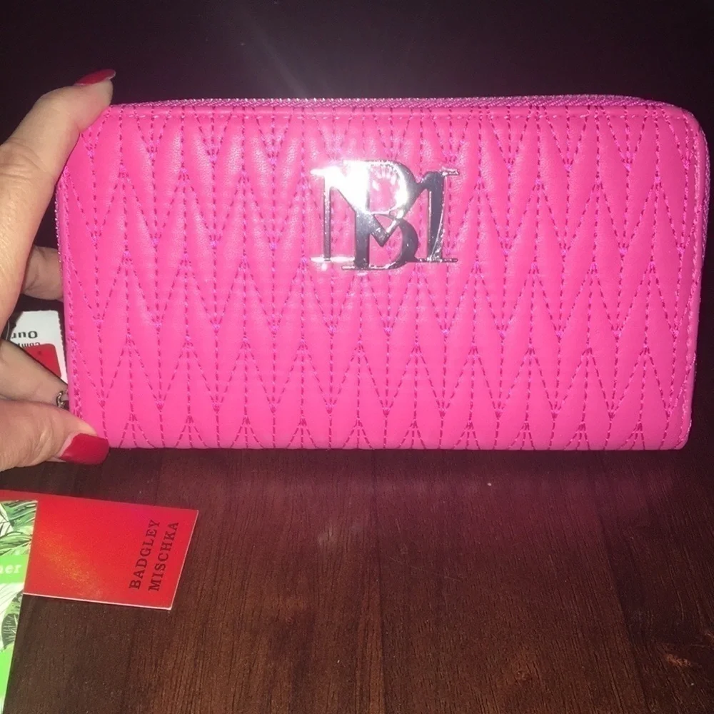 Badgley Mischka Wallet Hot Pink braid stitching Vegan NWT
